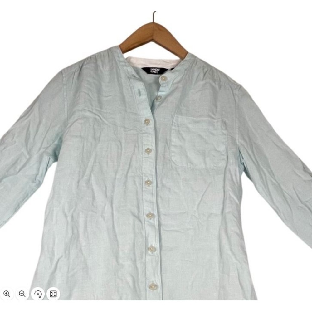 Lands End Womens Light Blue Linen Blend Long Sleeve Band Collar Tunic Top S 6-8